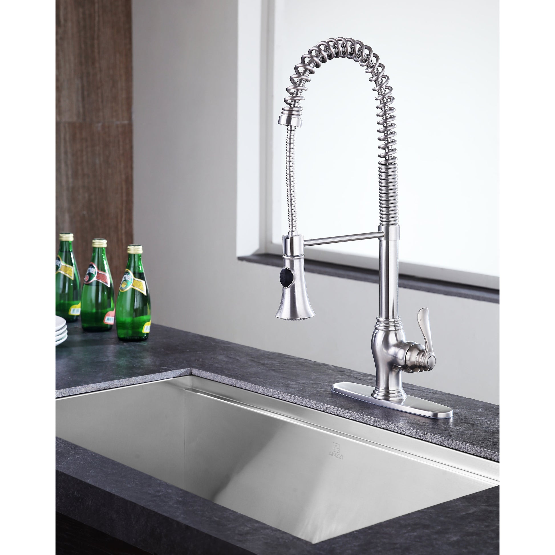 ANZZI Bastion Series Single Hole Brushed Nickel Kitchen Faucet With Euro-Grip Pull Down Sprayer