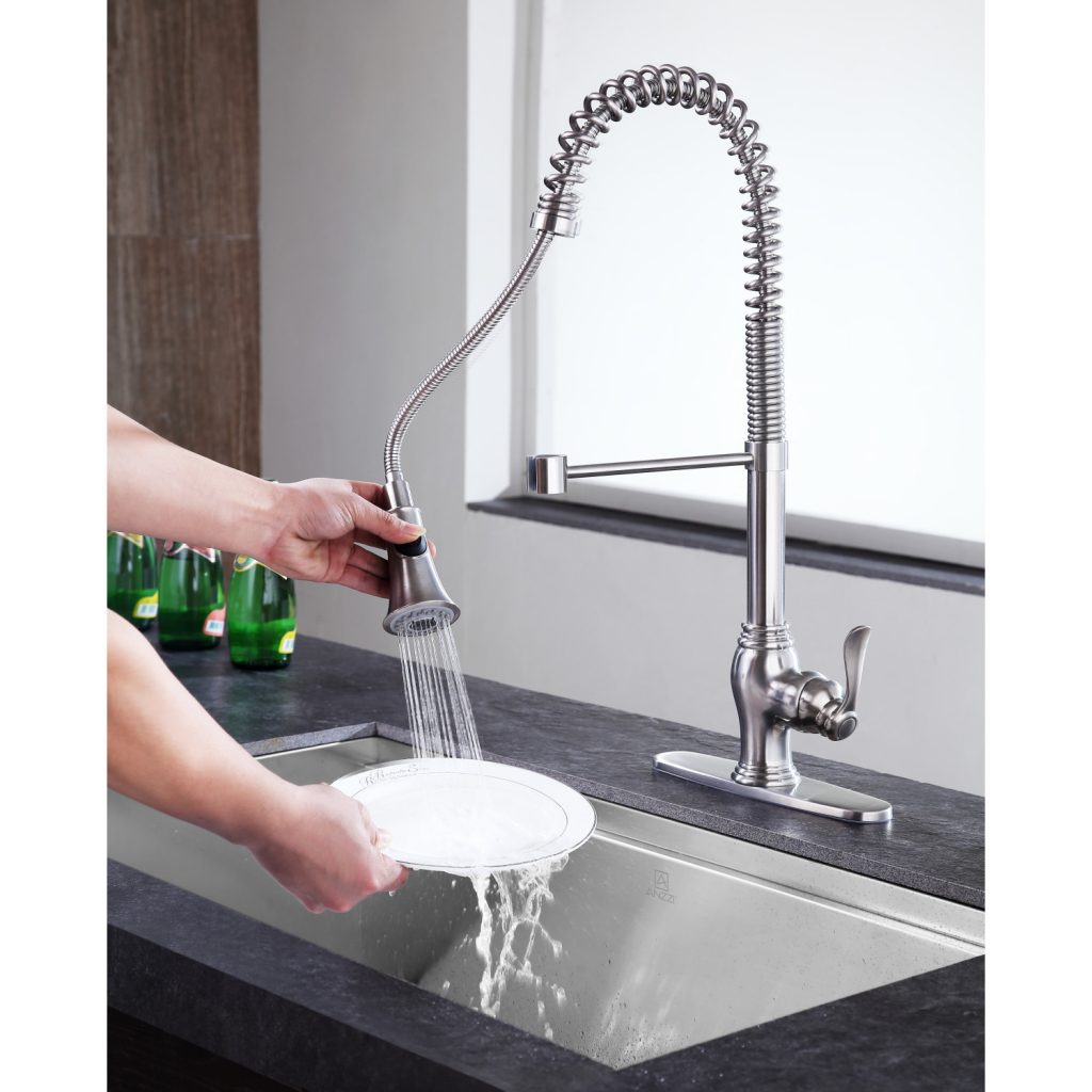 ANZZI Bastion Series Single Hole Brushed Nickel Kitchen Faucet With Euro-Grip Pull Down Sprayer