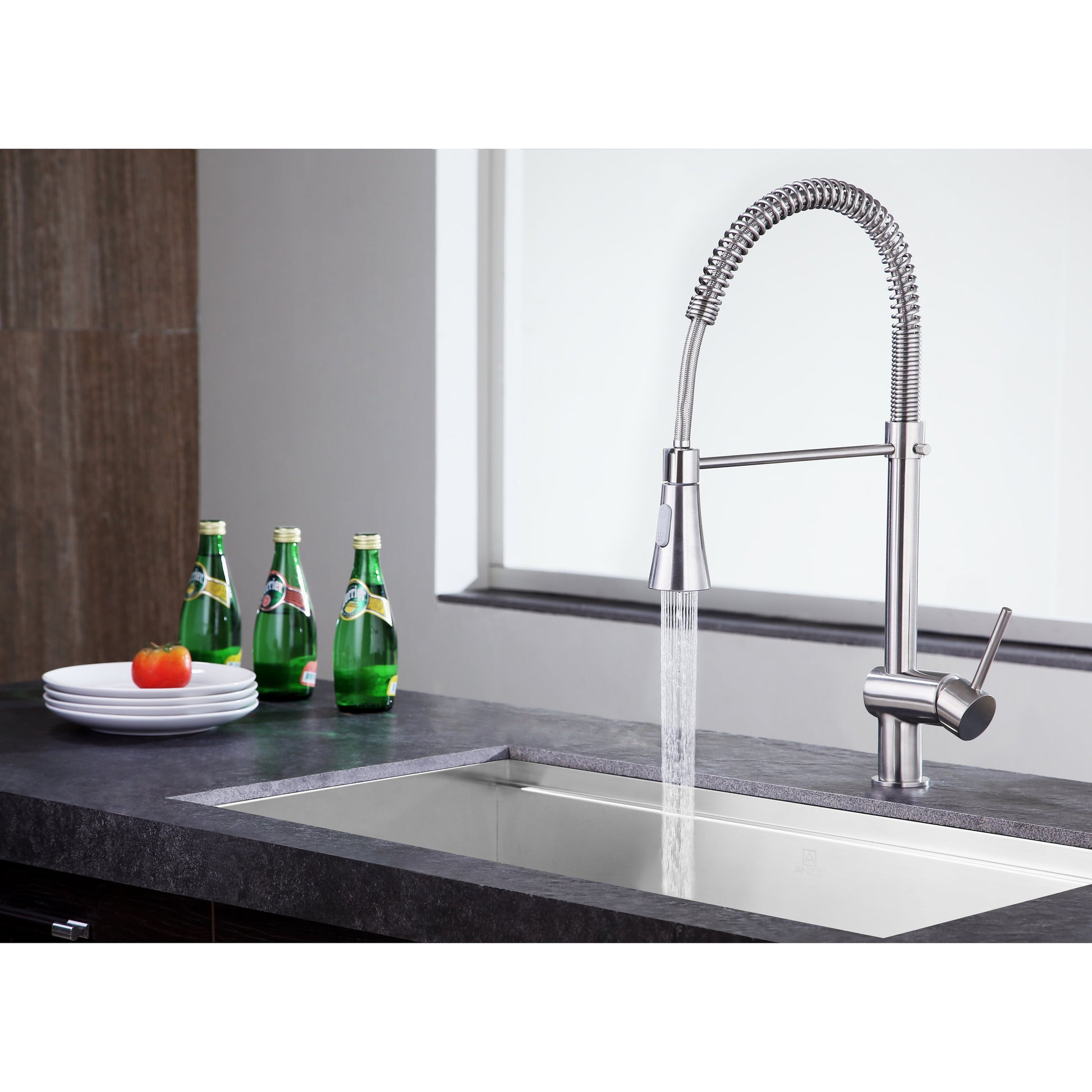 ANZZI Carriage Series Single Hole Brushed Nickel Kitchen Faucet With Euro-Grip Pull Down Sprayer