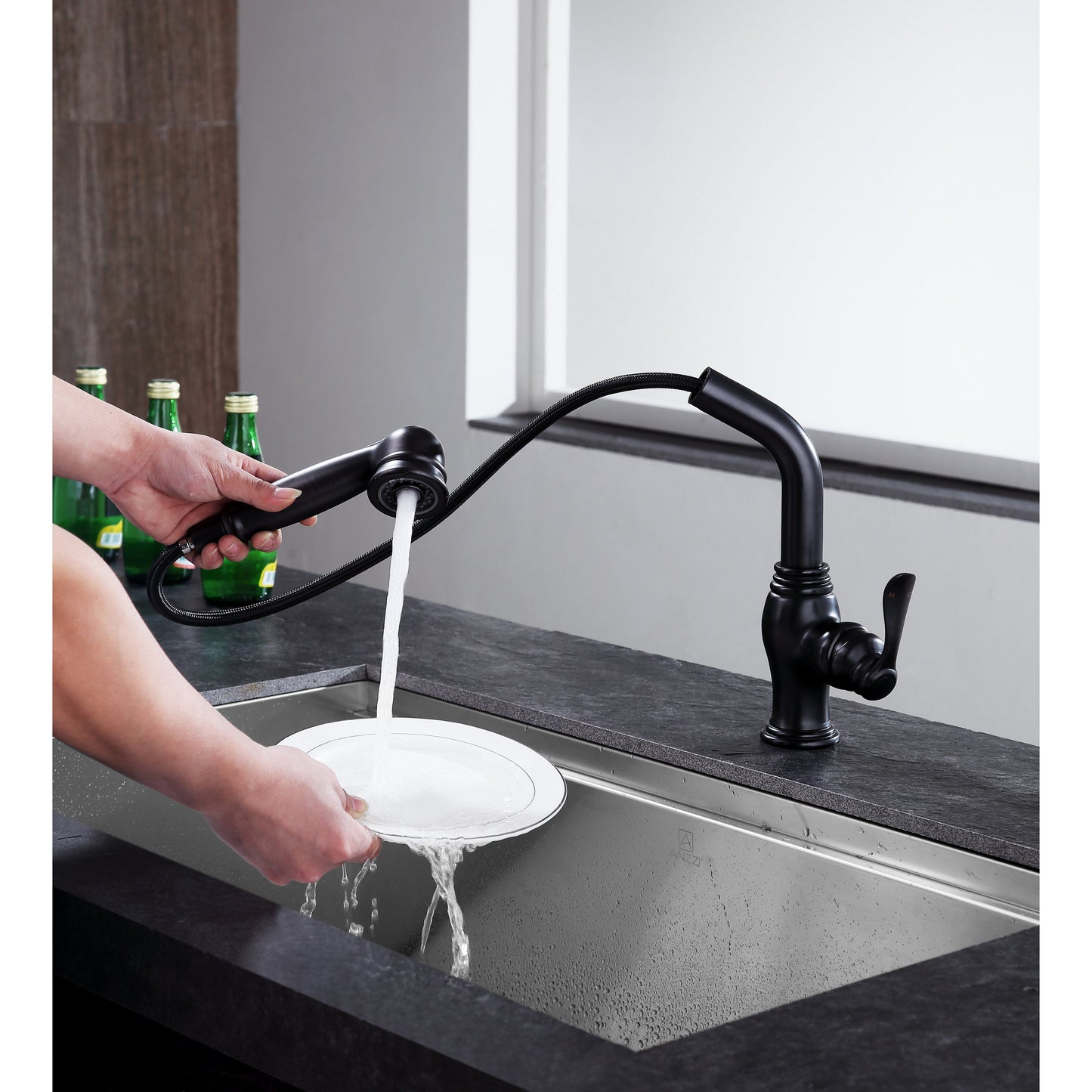 ANZZI Del Moro Series Single Hole Oil Rubbed Bronze Kitchen Faucet With Euro-Grip Pull Down Sprayer