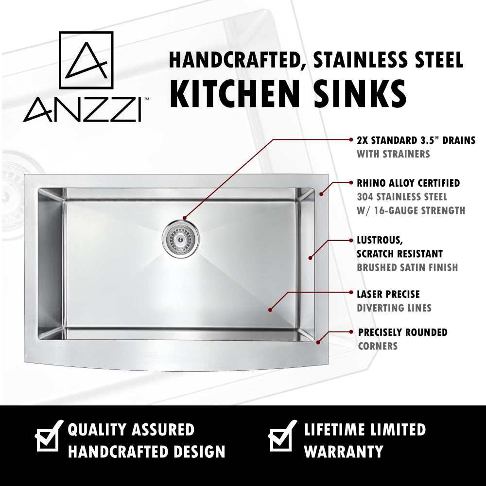 ANZZI Elysian Series 32" Single Basin Stainless Steel Farmhouse Kitchen Sink With Strainer, Drain Assembly and Brushed Nickel Accent Faucet