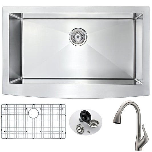 ANZZI Elysian Series 32" Single Basin Stainless Steel Farmhouse Kitchen Sink With Strainer, Drain Assembly and Brushed Nickel Accent Faucet