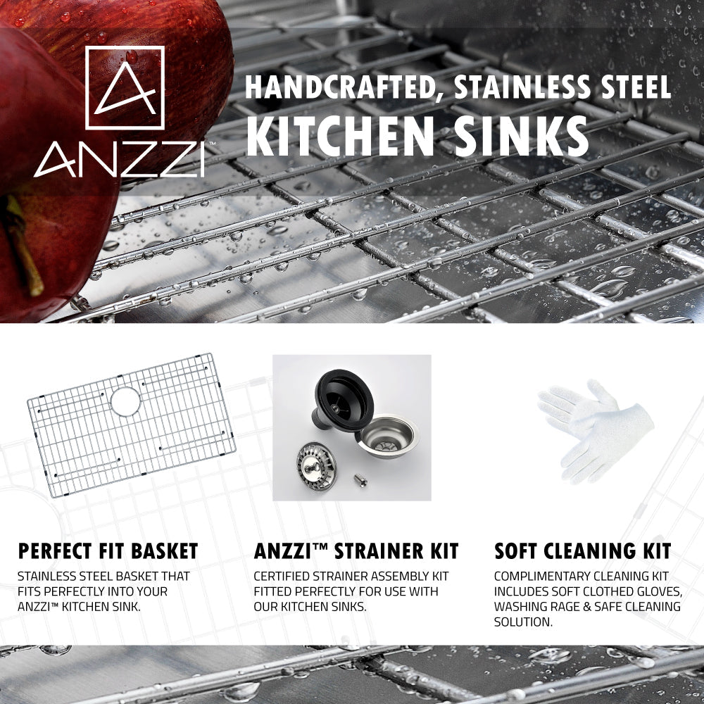 ANZZI Elysian Series 32" Single Basin Stainless Steel Farmhouse Kitchen Sink With Strainer, Drain Assembly and Polished Chrome Sails Faucet