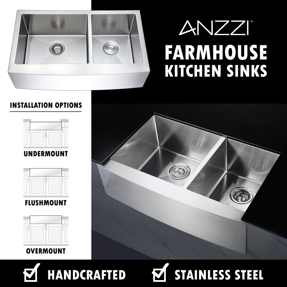 ANZZI Elysian Series 33" Double Basin 60/40 Stainless Steel Farmhouse Kitchen Farmhouse Sink With Strainer and Brushed Nickel Sails Faucet