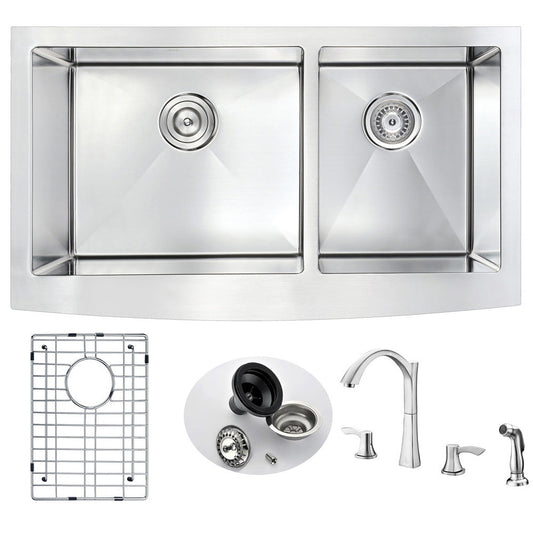ANZZI Elysian Series 33" Double Basin 60/40 Stainless Steel Farmhouse Kitchen Sink With Strainer, Drain Assembly and Brushed Nickel Soave Faucet
