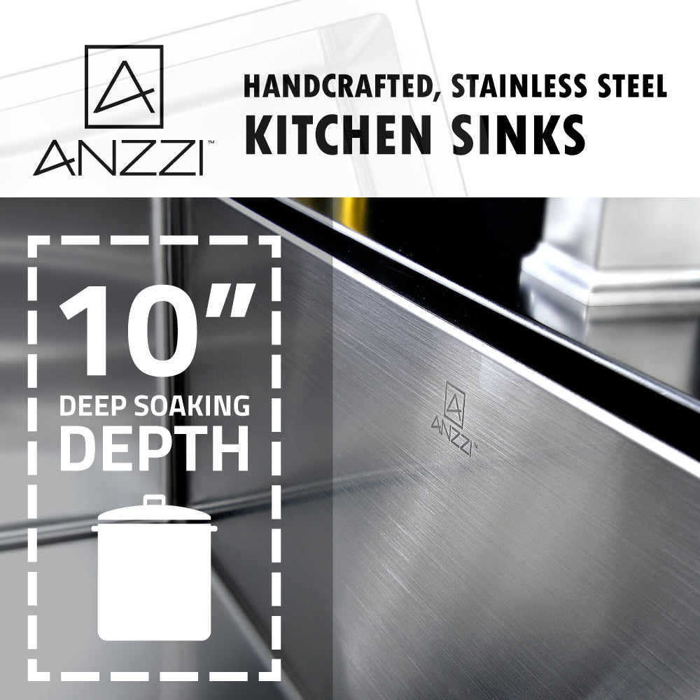 ANZZI Elysian Series 33" Double Basin 60/40 Stainless Steel Farmhouse Kitchen Sink With Strainer and Polished Chrome Singer Faucet