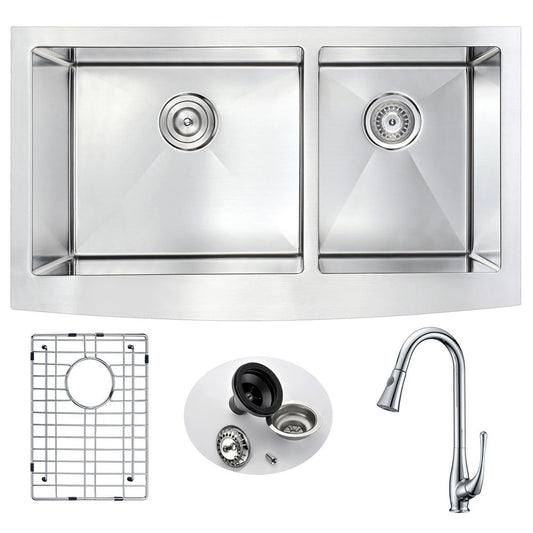ANZZI Elysian Series 33" Double Basin 60/40 Stainless Steel Farmhouse Kitchen Sink With Strainer and Polished Chrome Singer Faucet