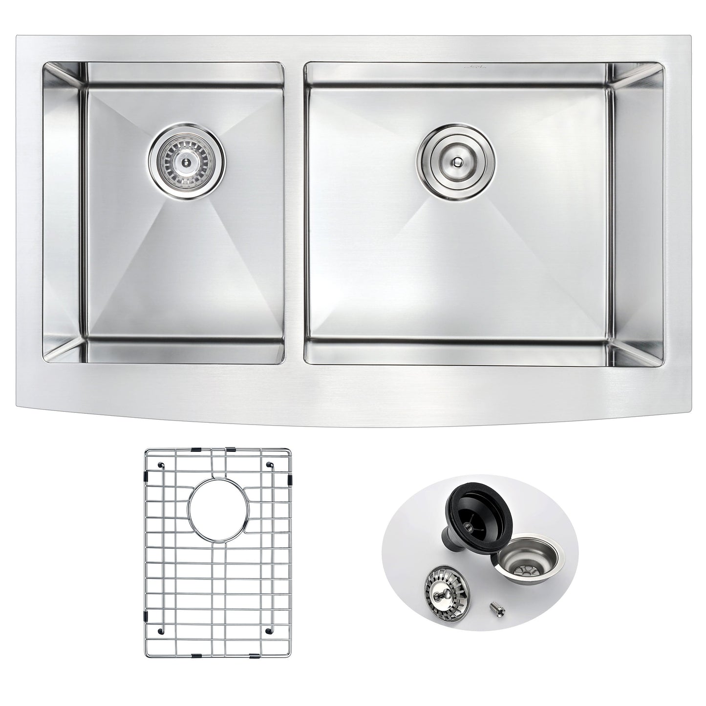 ANZZI Elysian Series 36" Double Basin 40/60 Stainless Steel Farmhouse Kitchen Sink With Strainer and Drain Assembly