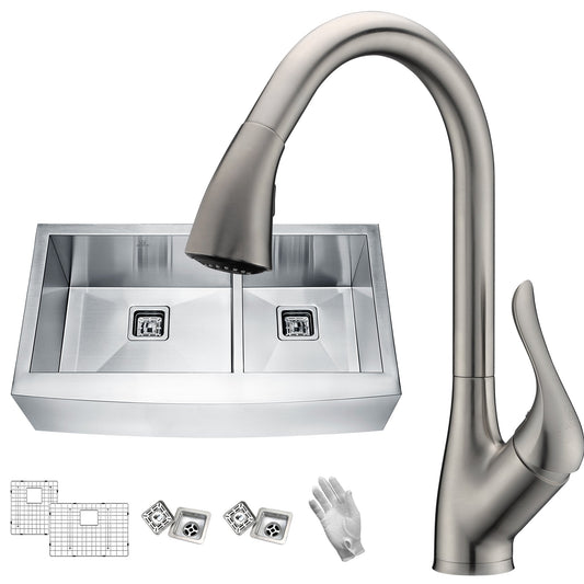 ANZZI Elysian Series 36" Double Basin 60/40 Stainless Steel Farmhouse Kitchen Sink With Strainer Kit, Strainer Basket, Soft Cleaning Kit and Brushed Nickel Accent Faucet