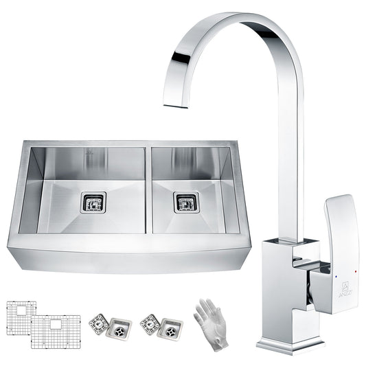 ANZZI Elysian Series 36" Double Basin 60/40 Stainless Steel Farmhouse Kitchen Sink With Strainer Kit, Strainer Basket, Soft Cleaning Kit and Polished Chrome Opus Faucet