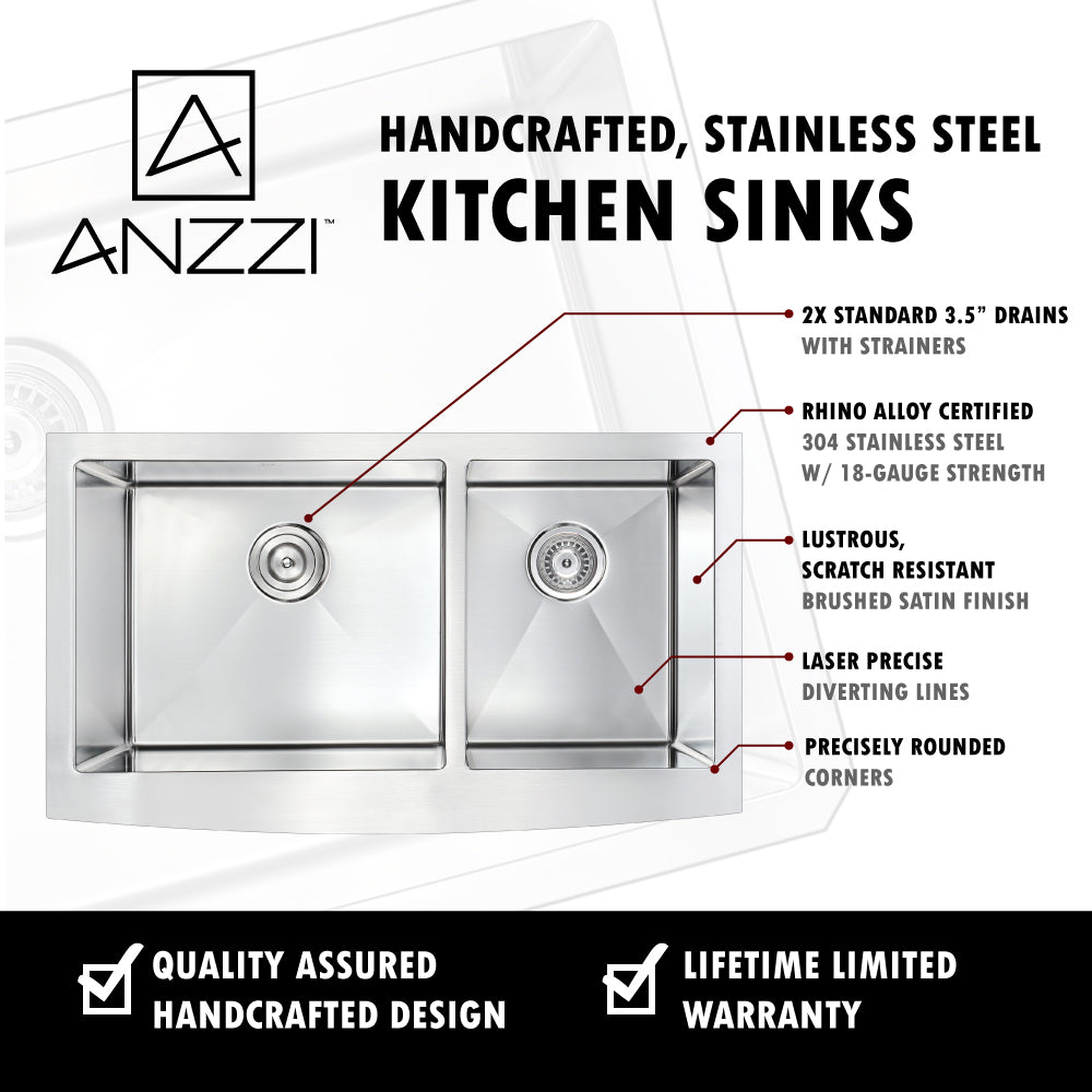 ANZZI Elysian Series 36" Double Basin 60/40 Stainless Steel Farmhouse Kitchen Sink With Strainer and Brushed Nickel Locke Faucet