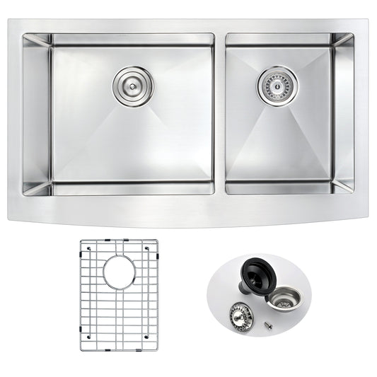ANZZI Elysian Series 36" Double Basin 60/40 Stainless Steel Farmhouse Kitchen Sink With Strainer and Drain Assembly