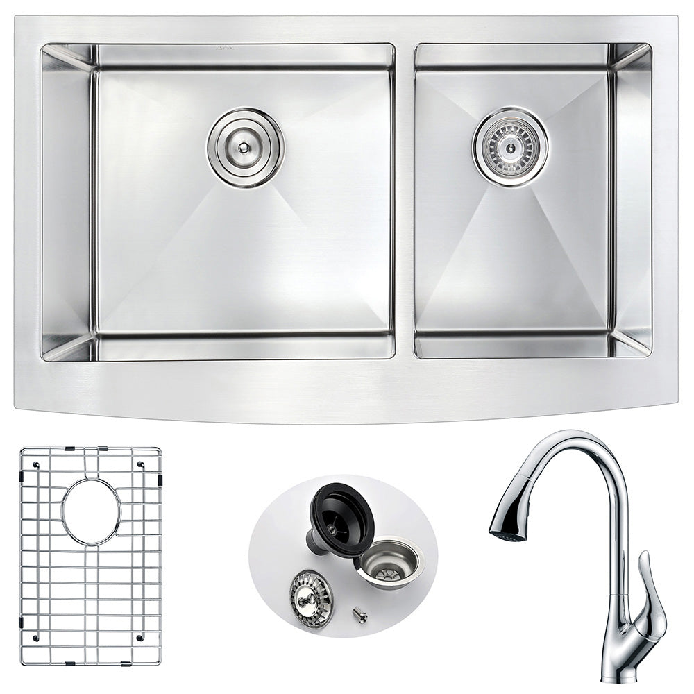 ANZZI Elysian Series 36" Double Basin 60/40 Stainless Steel Farmhouse Kitchen Sink With Strainer and Polished Chrome Accent Faucet