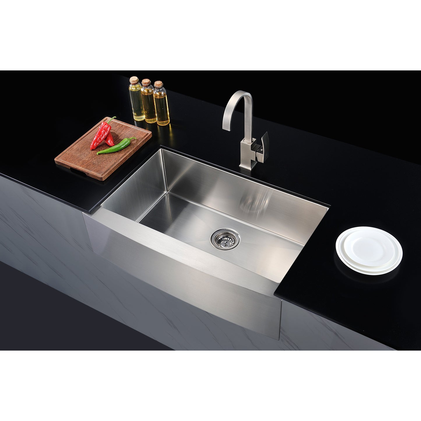 ANZZI Elysian Series 36" Single Basin Stainless Steel Farmhouse Kitchen Sink With Chrome Strainer and Drain Assembly