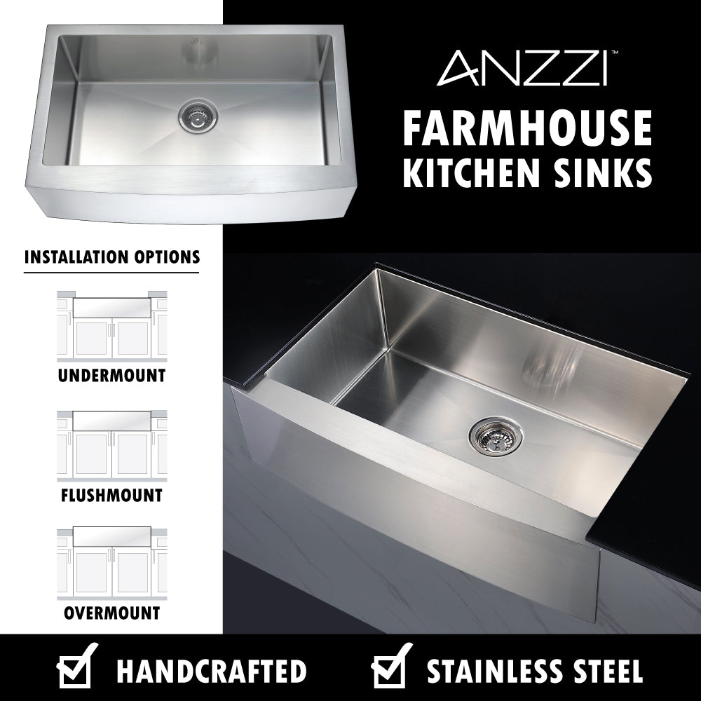 ANZZI Elysian Series 36" Single Basin Stainless Steel Farmhouse Kitchen Sink With Strainer and Brushed Nickel Accent Faucet