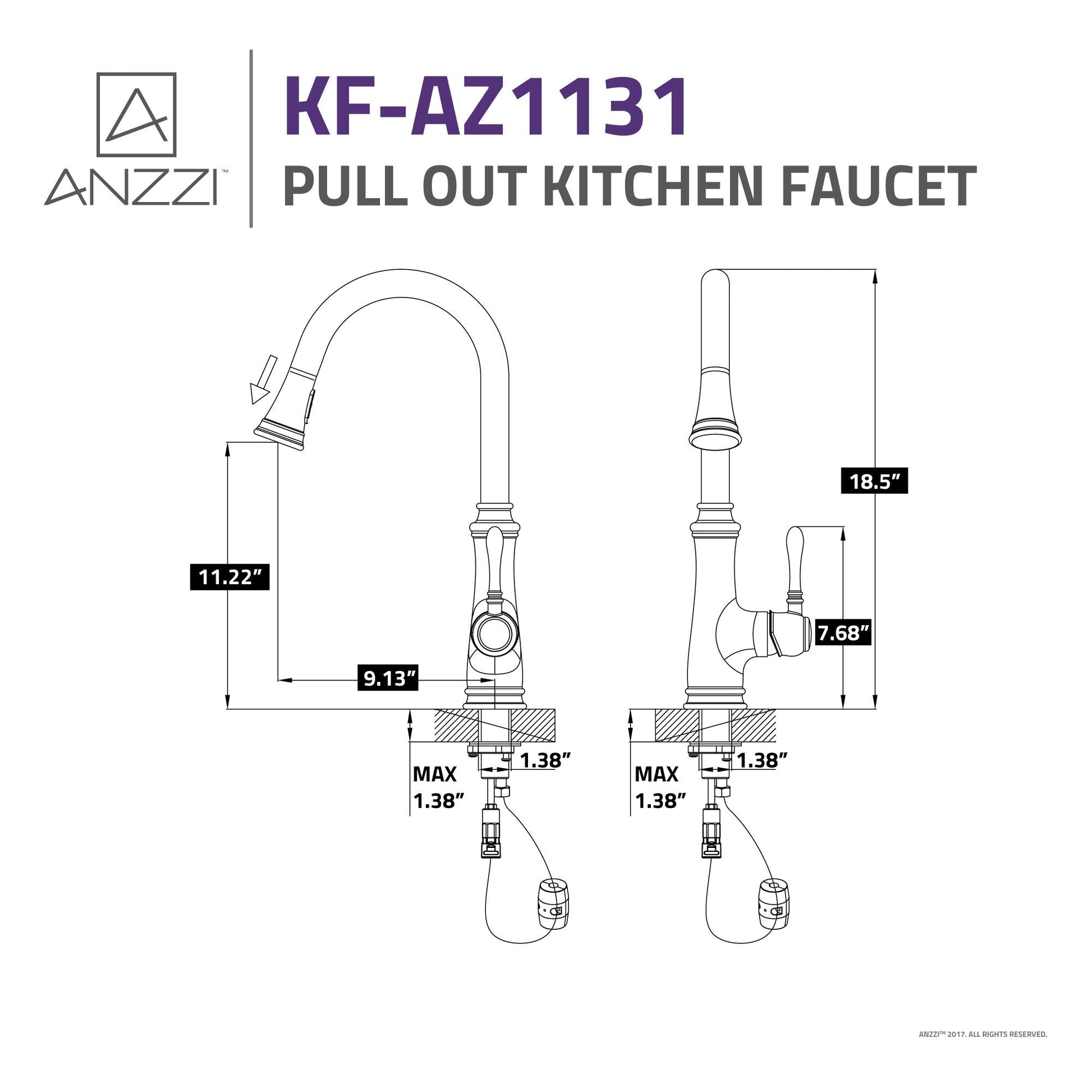 ANZZI Luna Series Single Hole Brushed Nickel Kitchen Faucet With Euro-Grip Pull Down Sprayer
