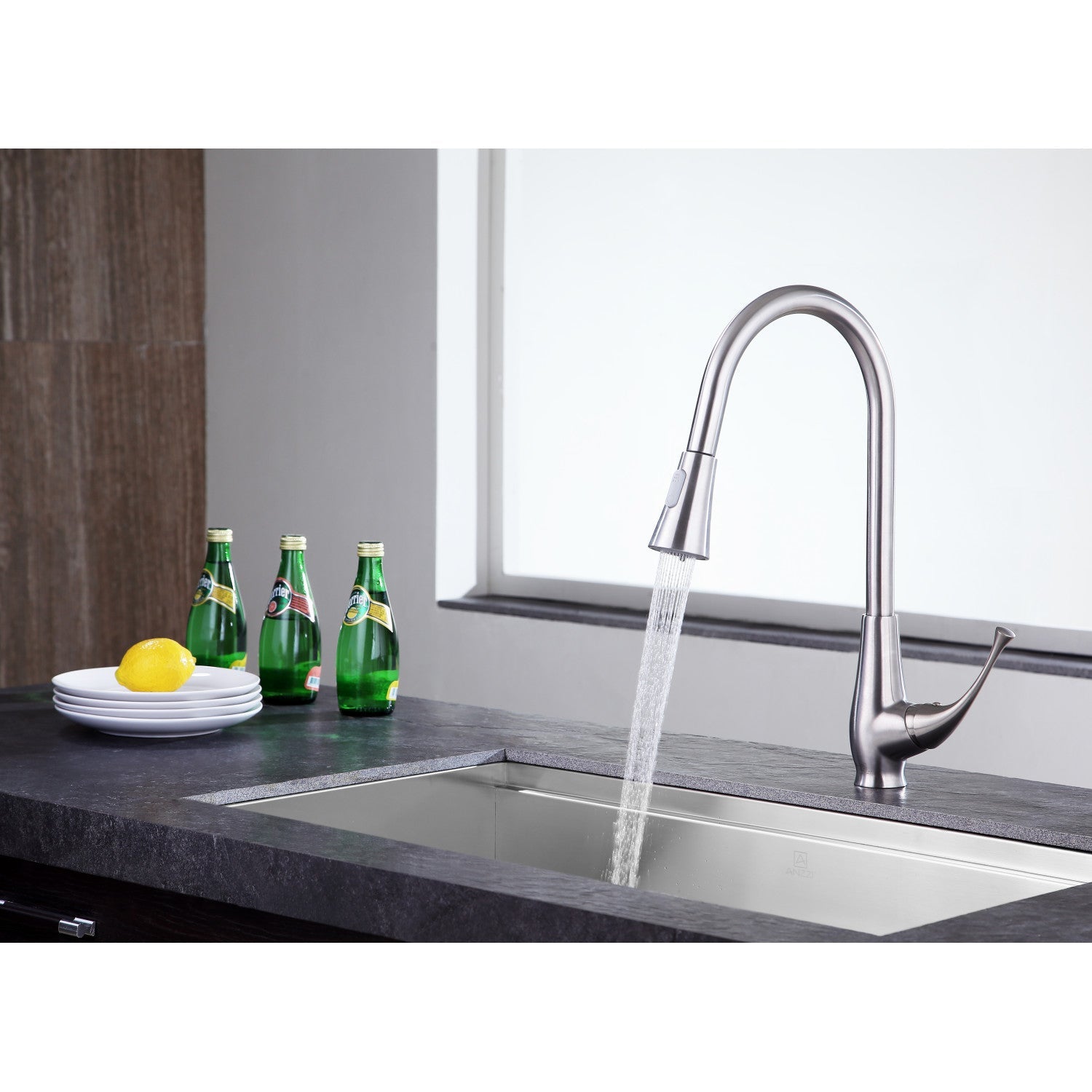 ANZZI Meadow Series Single Hole Brushed Nickel Kitchen Faucet With Euro-Grip Pull Down Sprayer