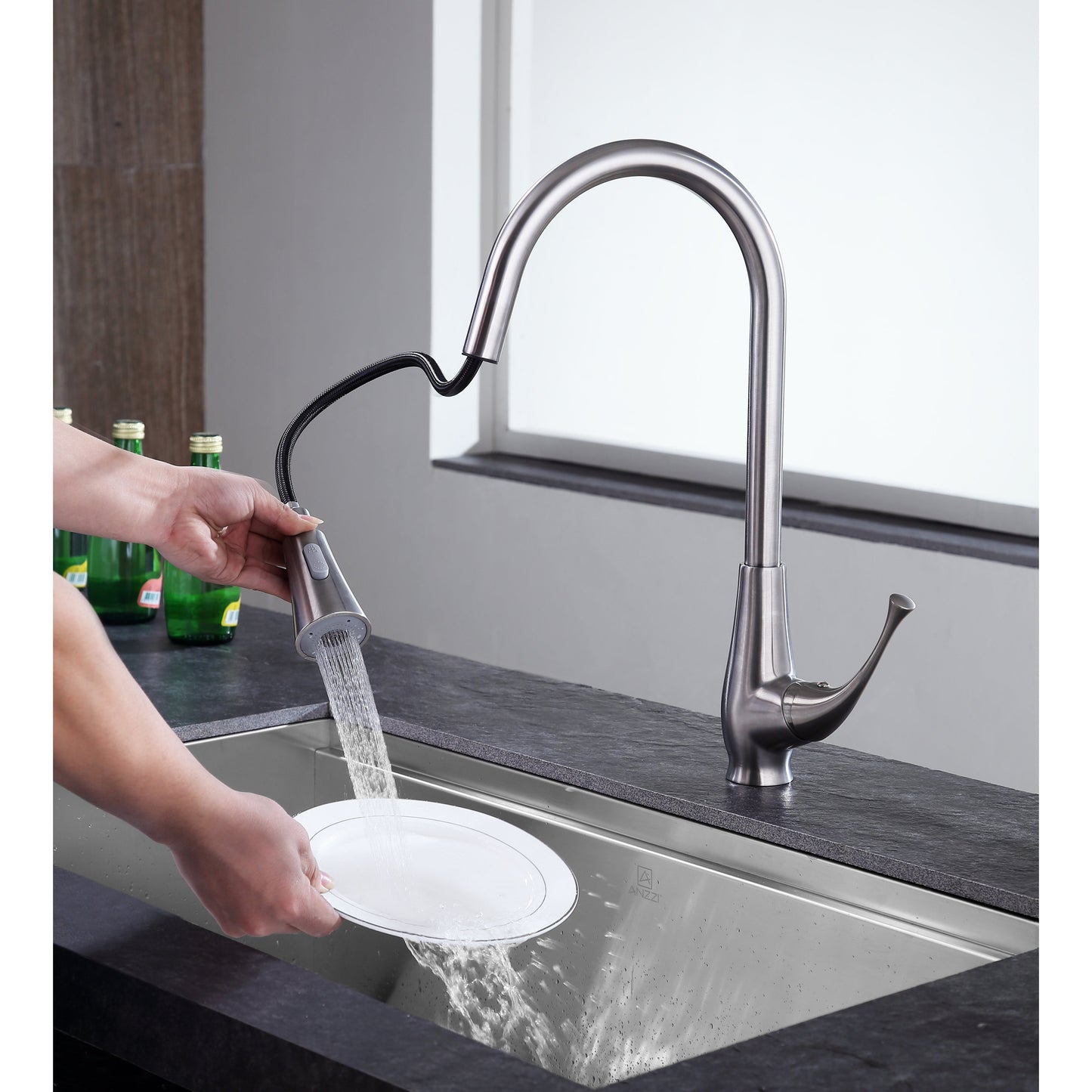 ANZZI Meadow Series Single Hole Brushed Nickel Kitchen Faucet With Euro-Grip Pull Down Sprayer