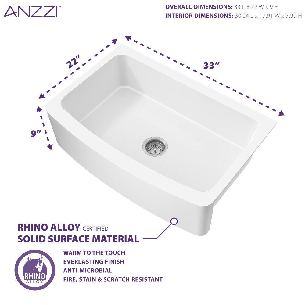 ANZZI Mesa Series 33" Single Basin Matte White Solid Surface Farmhouse Kitchen Sink With Chrome Strainer and Drain Assembly