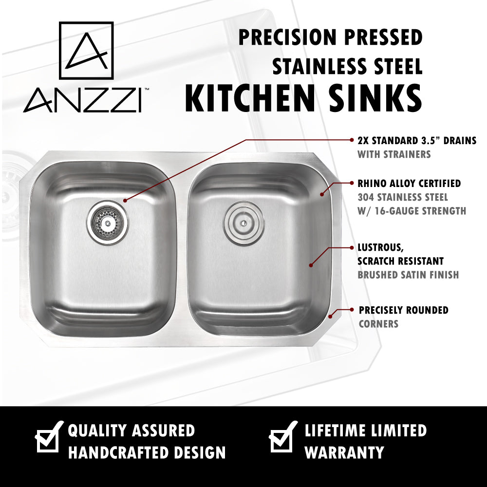 ANZZI Moore Series 32" Double Basin 50/50 Stainless Steel Undermount Kitchen Sink With Strainer, Drain Assembly and Brushed Nickel Locke Faucet