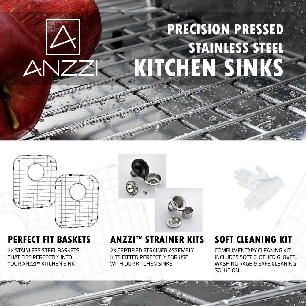 ANZZI Moore Series 32" Double Basin 50/50 Stainless Steel Undermount Kitchen Sink With Strainer, Drain Assembly and Polished Chrome Accent Faucet