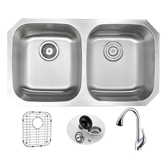 ANZZI Moore Series 32" Double Basin 50/50 Stainless Steel Undermount Kitchen Sink With Strainer, Drain Assembly and Polished Chrome Accent Faucet