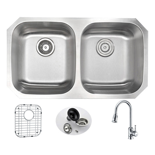 ANZZI Moore Series 32" Double Basin 50/50 Stainless Steel Undermount Kitchen Sink With Strainer, Drain Assembly and Polished Chrome Mend Faucet