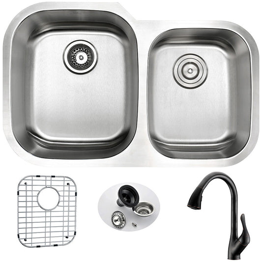 ANZZI Moore Series 32" Double Basin 60/40 Stainless Steel Undermount Kitchen Sink With Strainer, Drain Assembly and Oil Rubbed Bronze Accent Faucet
