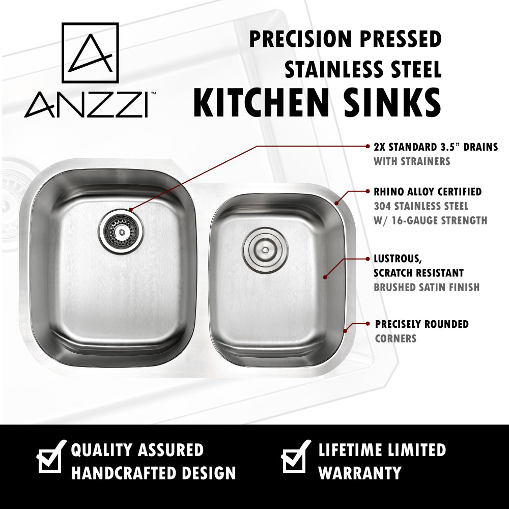 ANZZI Moore Series 32" Double Basin 60/40 Stainless Steel Undermount Kitchen Sink With Strainer, Drain Assembly and Polished Chrome Braid Faucet