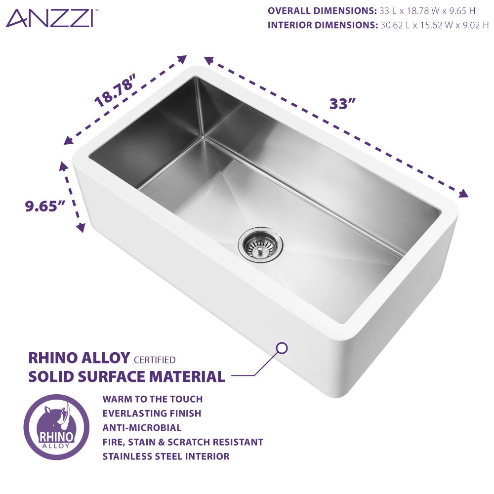ANZZI Nepal Series 33" Single Basin Matte White Solid Surface Farmhouse Kitchen Sink With Chrome Strainer and Drain Assembly