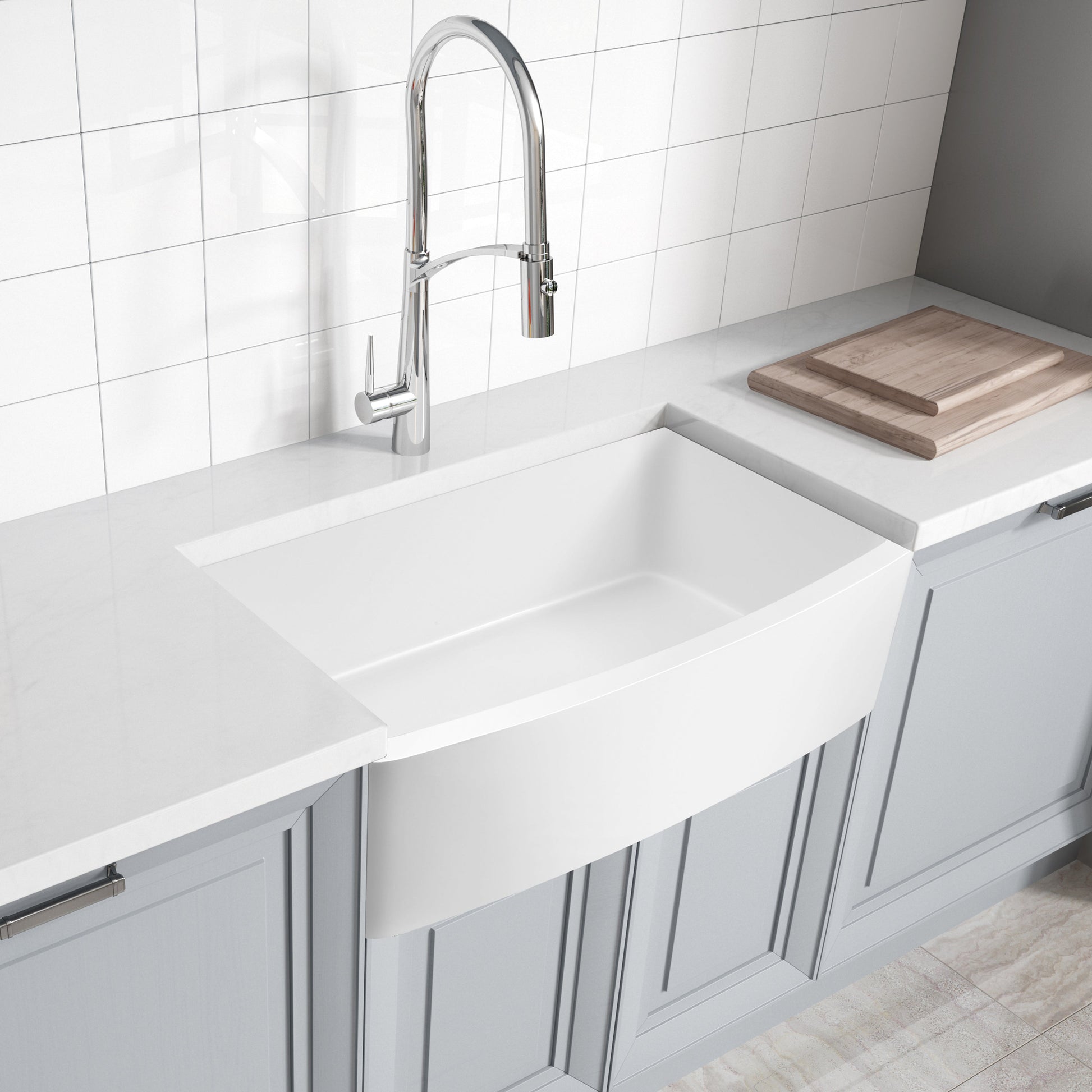 ANZZI Prisma Series 36" Single Basin Matte White Solid Surface Farmhouse Kitchen Sink With Chrome Strainer and Drain Assembly