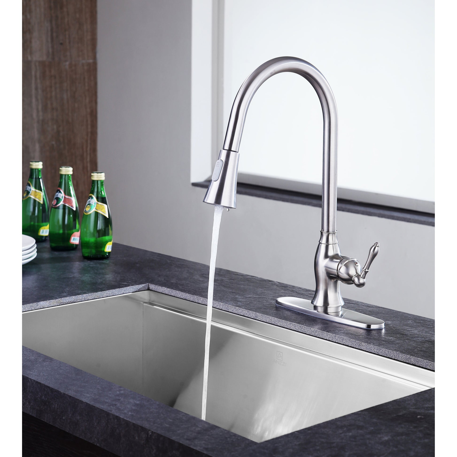 ANZZI Rodeo Series Single Hole Brushed Nickel Kitchen Faucet With Euro-Grip Pull Down Sprayer