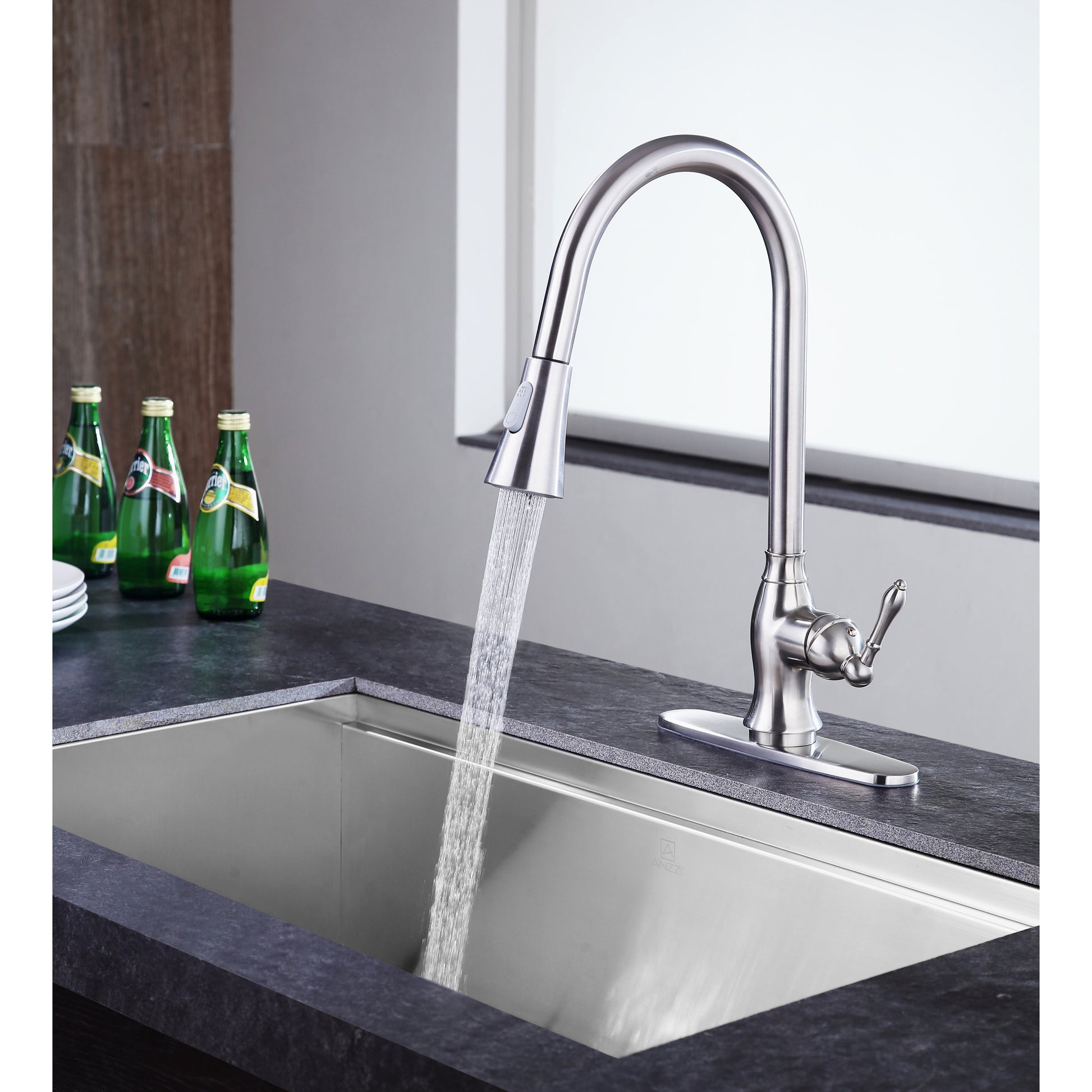 ANZZI Rodeo Series Single Hole Brushed Nickel Kitchen Faucet With Euro-Grip Pull Down Sprayer