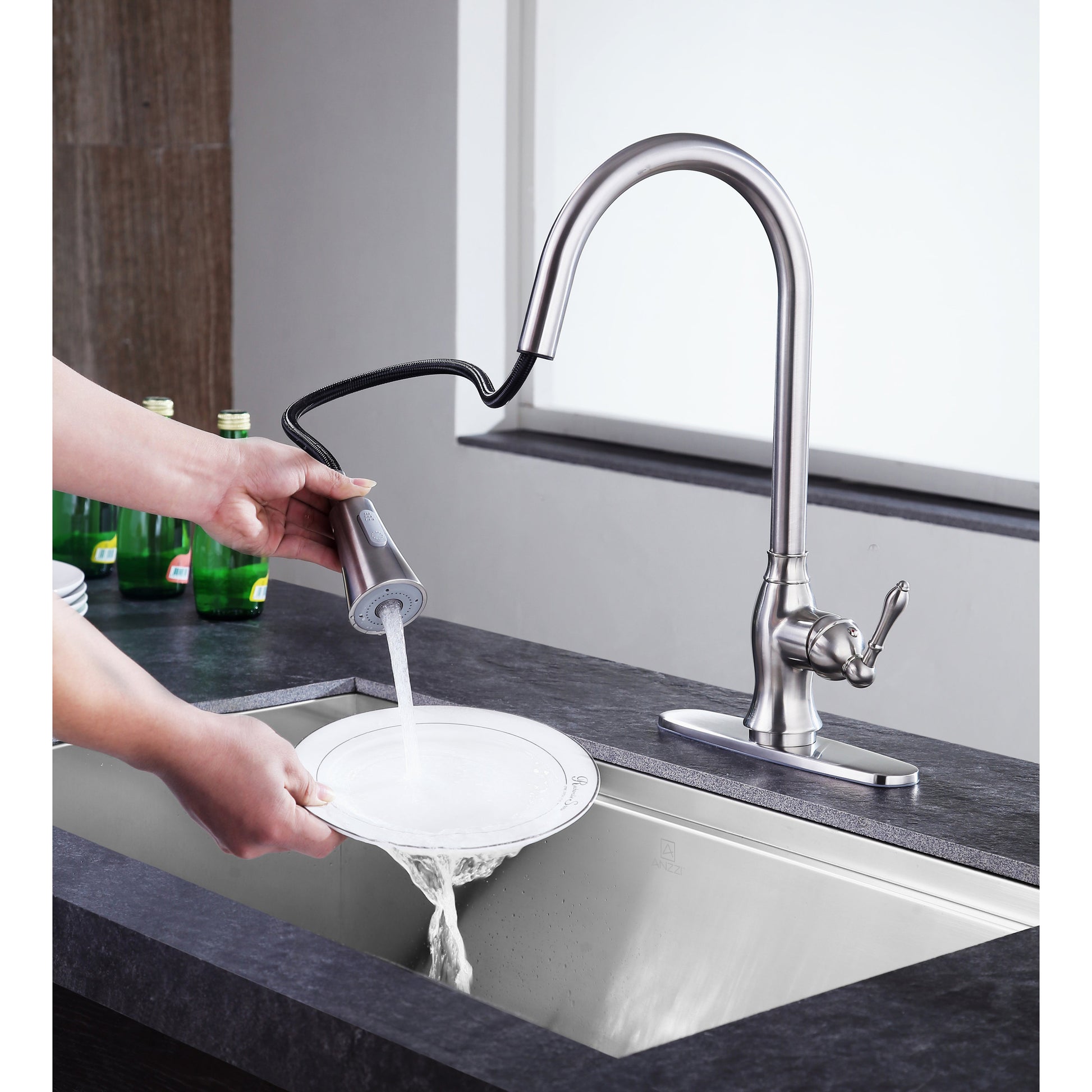 ANZZI Rodeo Series Single Hole Brushed Nickel Kitchen Faucet With Euro-Grip Pull Down Sprayer