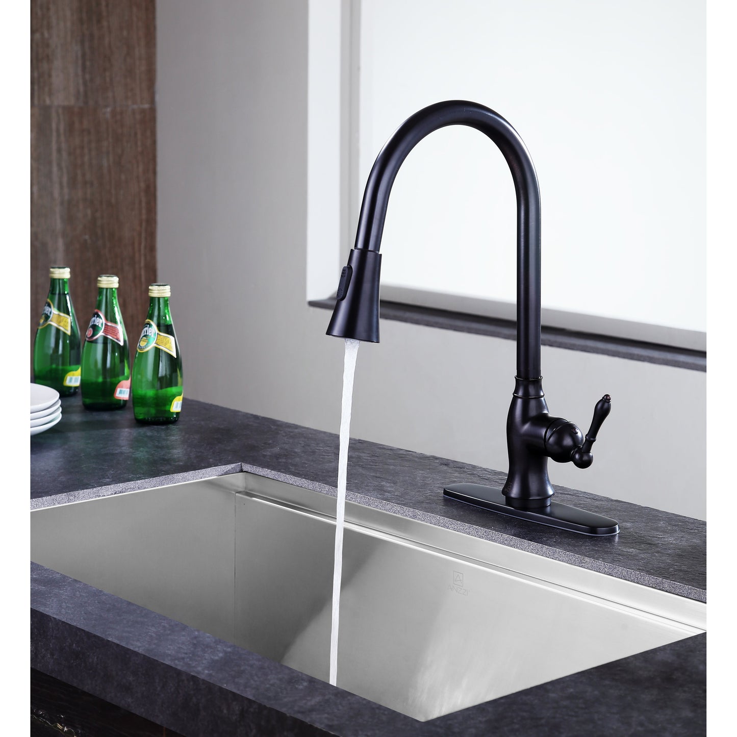 ANZZI Rodeo Series Single Hole Oil Rubbed Bronze Kitchen Faucet With Euro-Grip Pull Down Sprayer