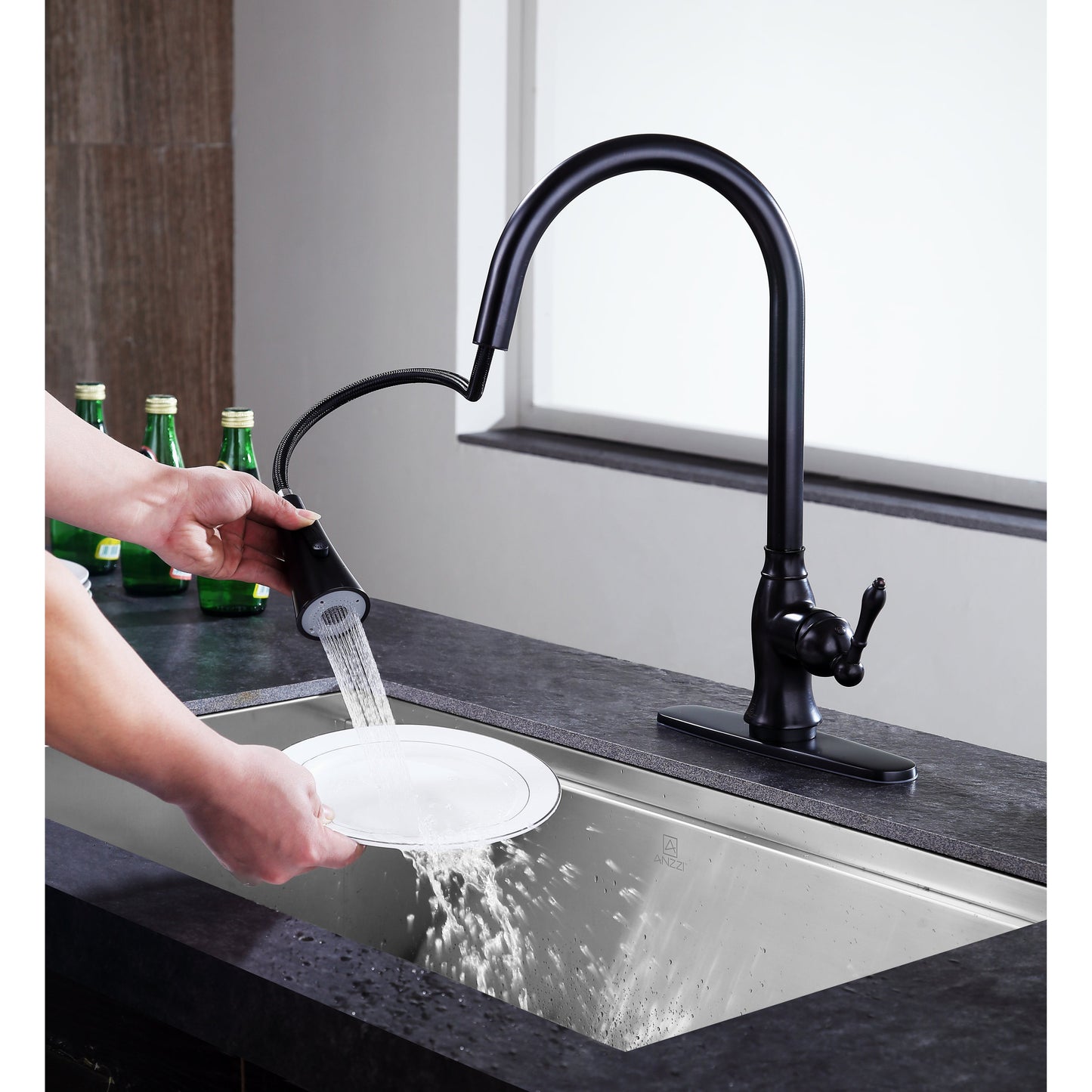 ANZZI Rodeo Series Single Hole Oil Rubbed Bronze Kitchen Faucet With Euro-Grip Pull Down Sprayer