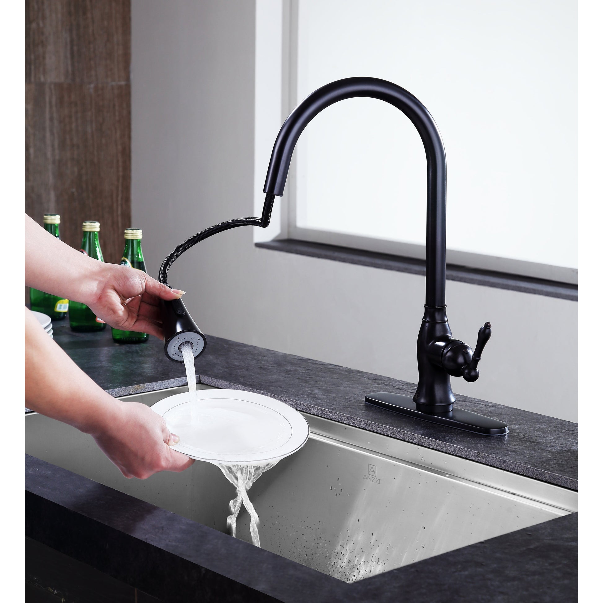 ANZZI Rodeo Series Single Hole Oil Rubbed Bronze Kitchen Faucet With Euro-Grip Pull Down Sprayer