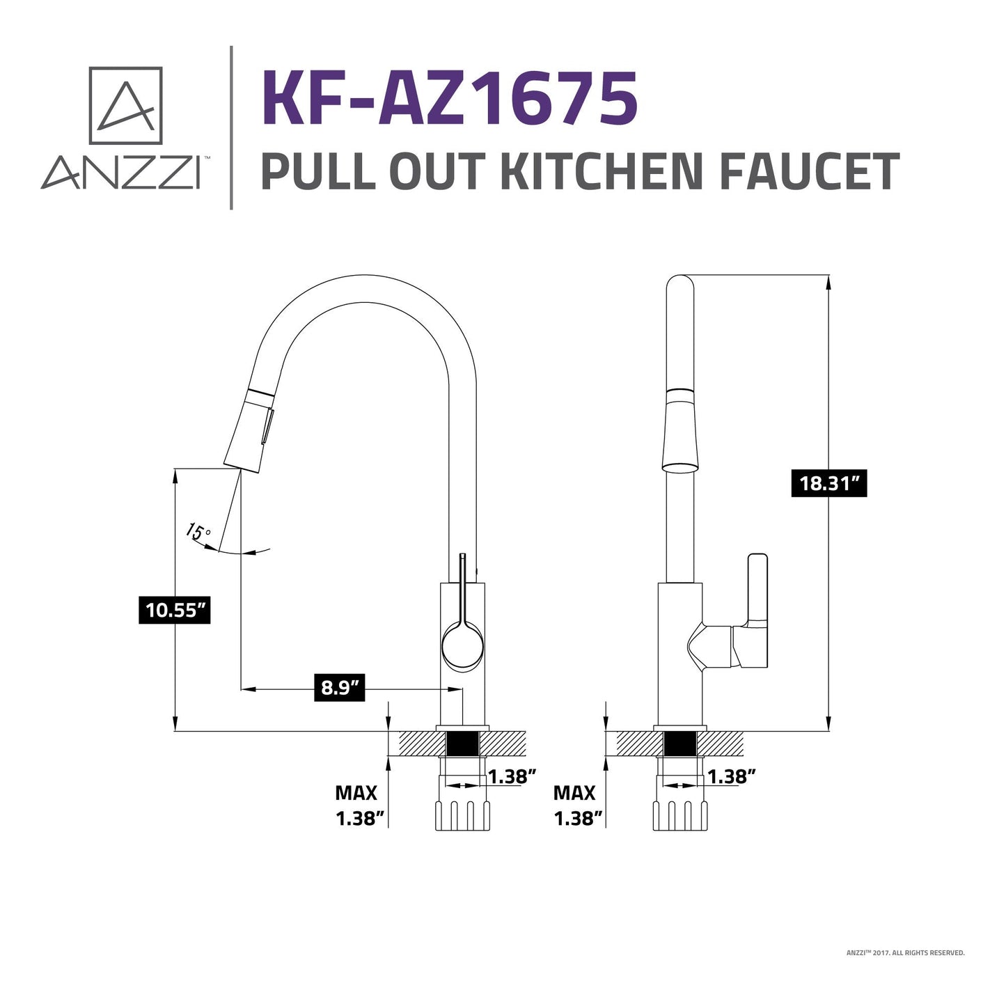 ANZZI Serena Series Single Hole Brushed Nickel Kitchen Faucet With Euro-Grip Pull Down Sprayer
