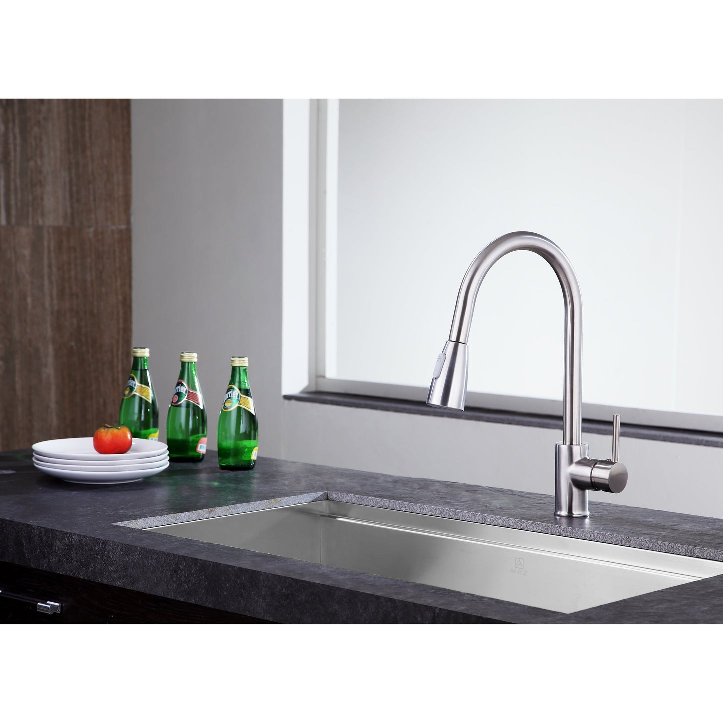 ANZZI Sire Series Single Hole Brushed Nickel Kitchen Faucet With Euro-Grip Pull Down Sprayer