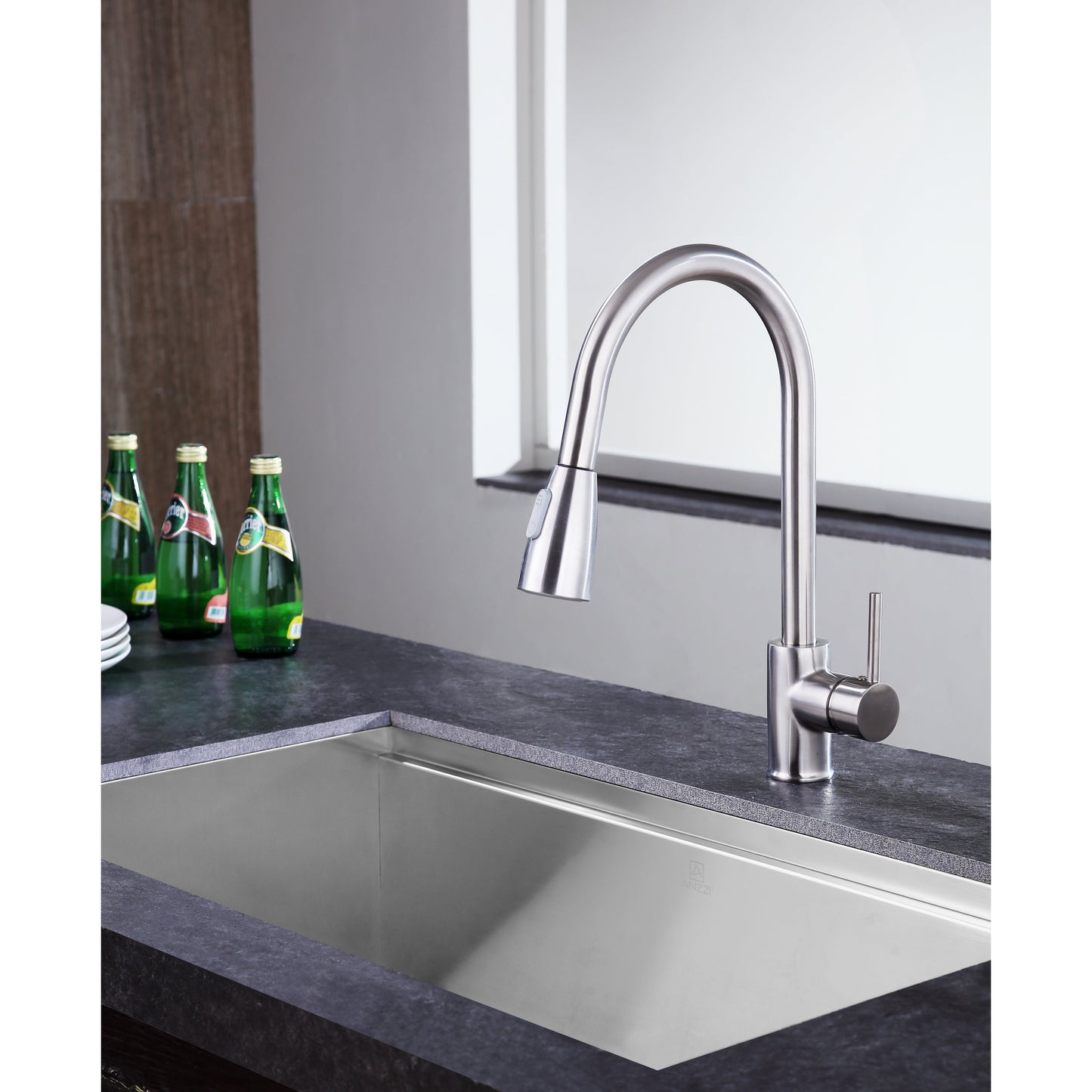 ANZZI Sire Series Single Hole Brushed Nickel Kitchen Faucet With Euro-Grip Pull Down Sprayer