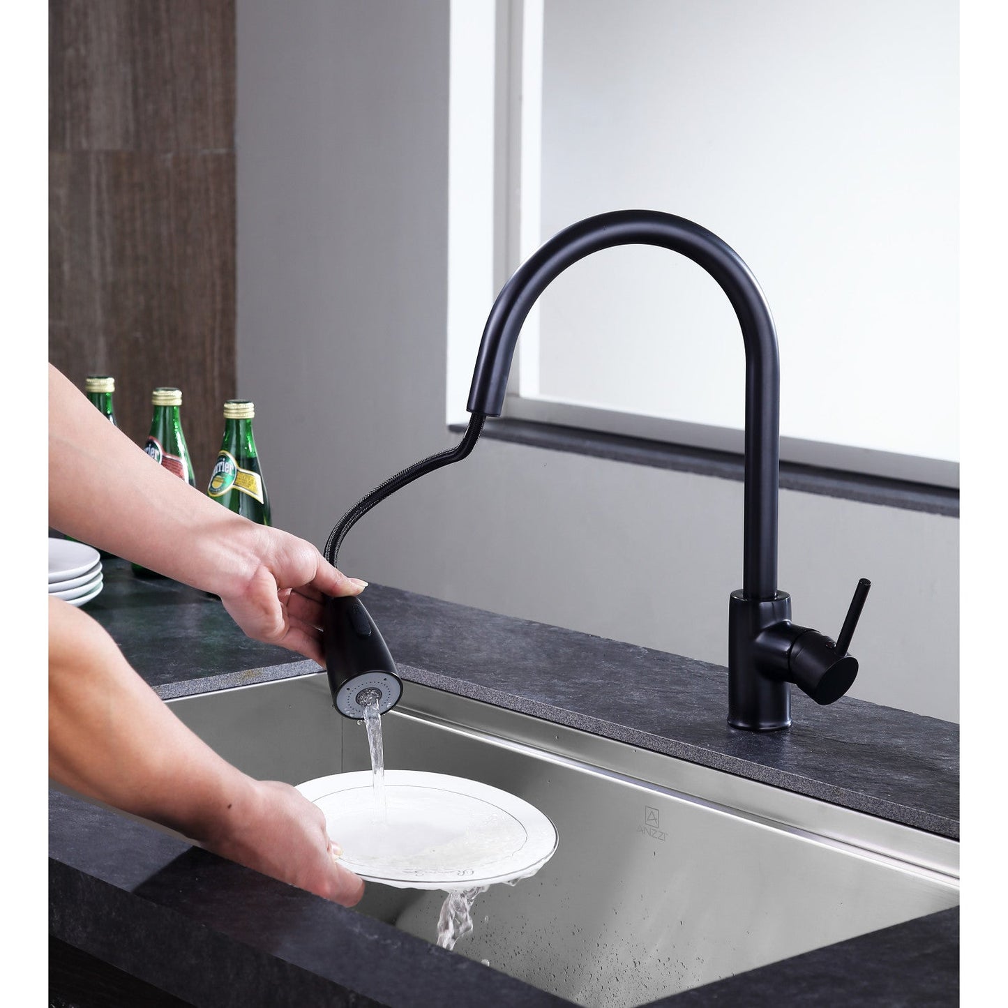 ANZZI Sire Series Single Hole Oil Rubbed Bronze Kitchen Faucet With Euro-Grip Pull Down Sprayer