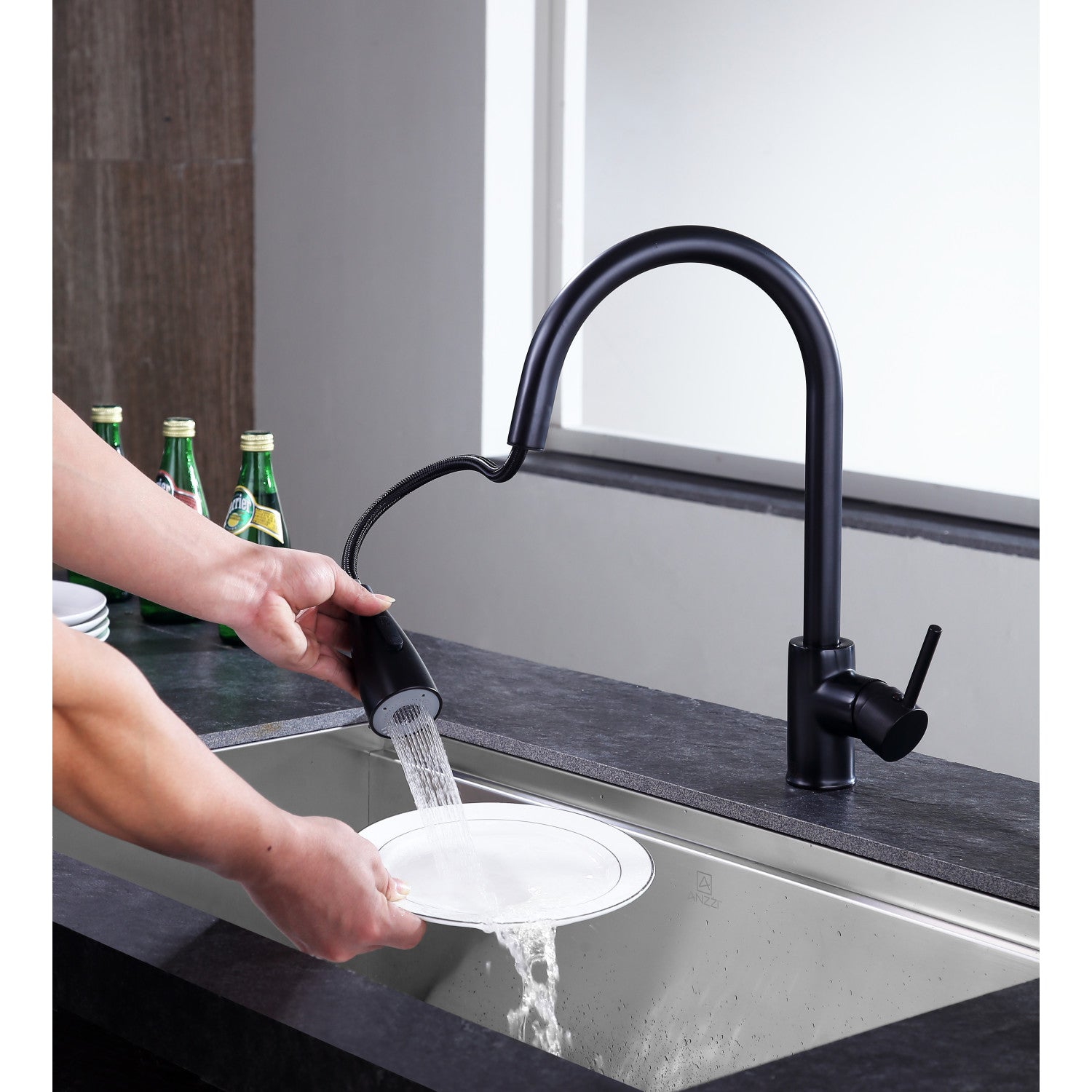 ANZZI Sire Series Single Hole Oil Rubbed Bronze Kitchen Faucet With Euro-Grip Pull Down Sprayer