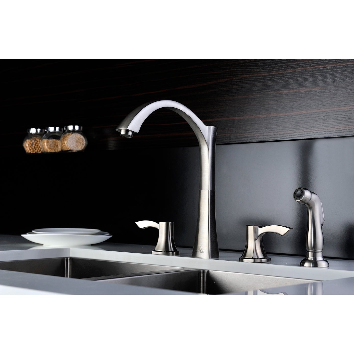 ANZZI Soave Series Double Hole Brushed Nickel Kitchen Faucet With Euro-Grip Pull Out Sprayer and 360-Degree Turning Spout