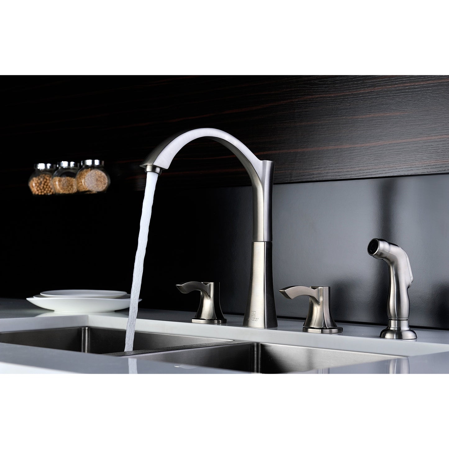 ANZZI Soave Series Double Hole Brushed Nickel Kitchen Faucet With Euro-Grip Pull Out Sprayer and 360-Degree Turning Spout