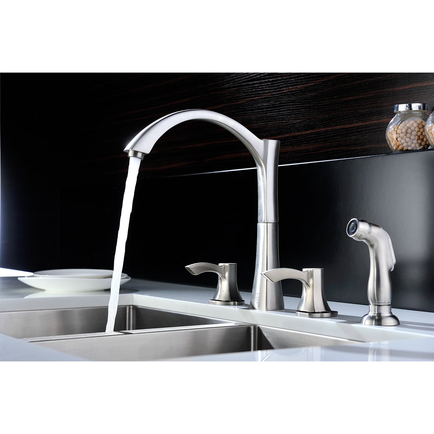 ANZZI Soave Series Double Hole Brushed Nickel Kitchen Faucet With Euro-Grip Pull Out Sprayer and 360-Degree Turning Spout