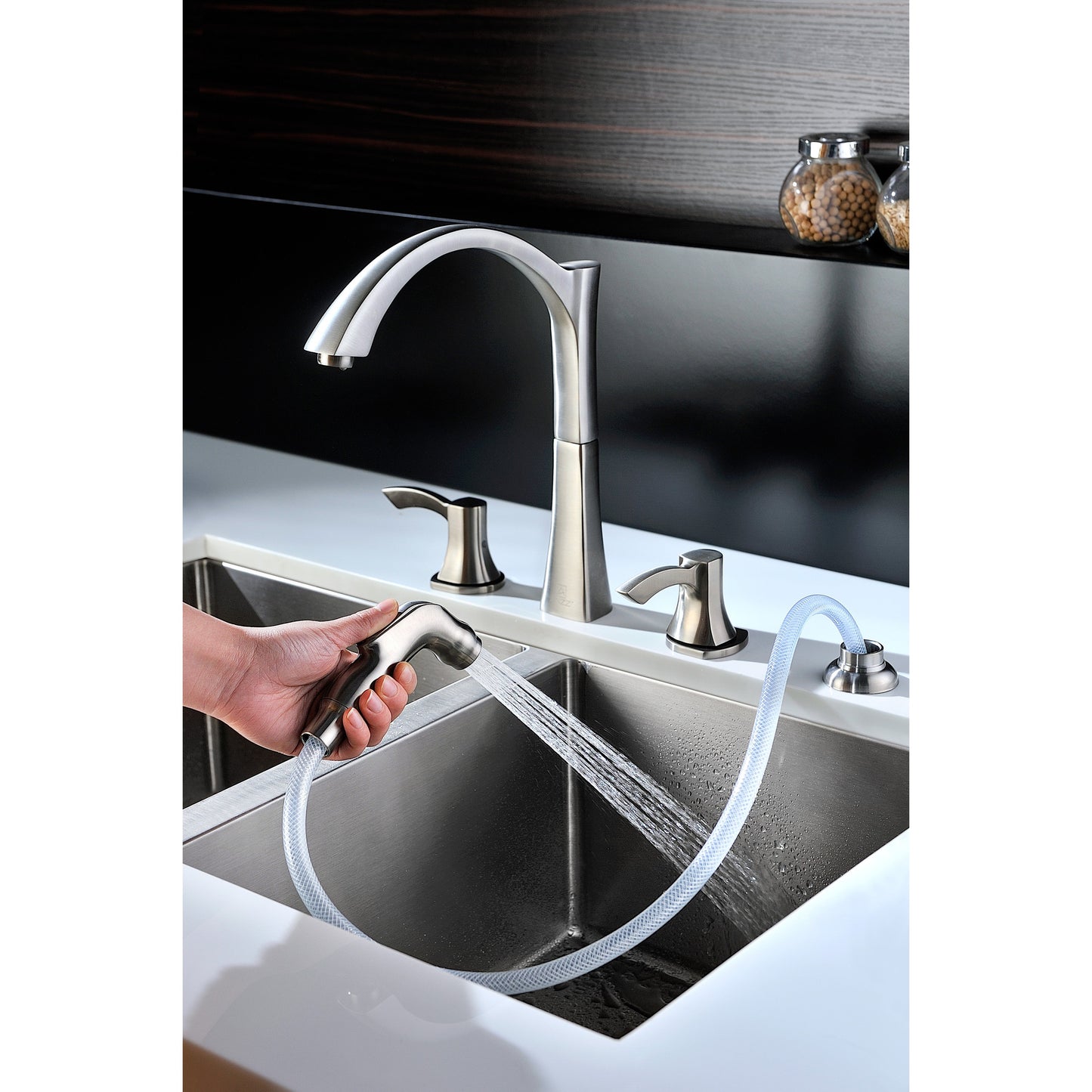 ANZZI Soave Series Double Hole Brushed Nickel Kitchen Faucet With Euro-Grip Pull Out Sprayer and 360-Degree Turning Spout