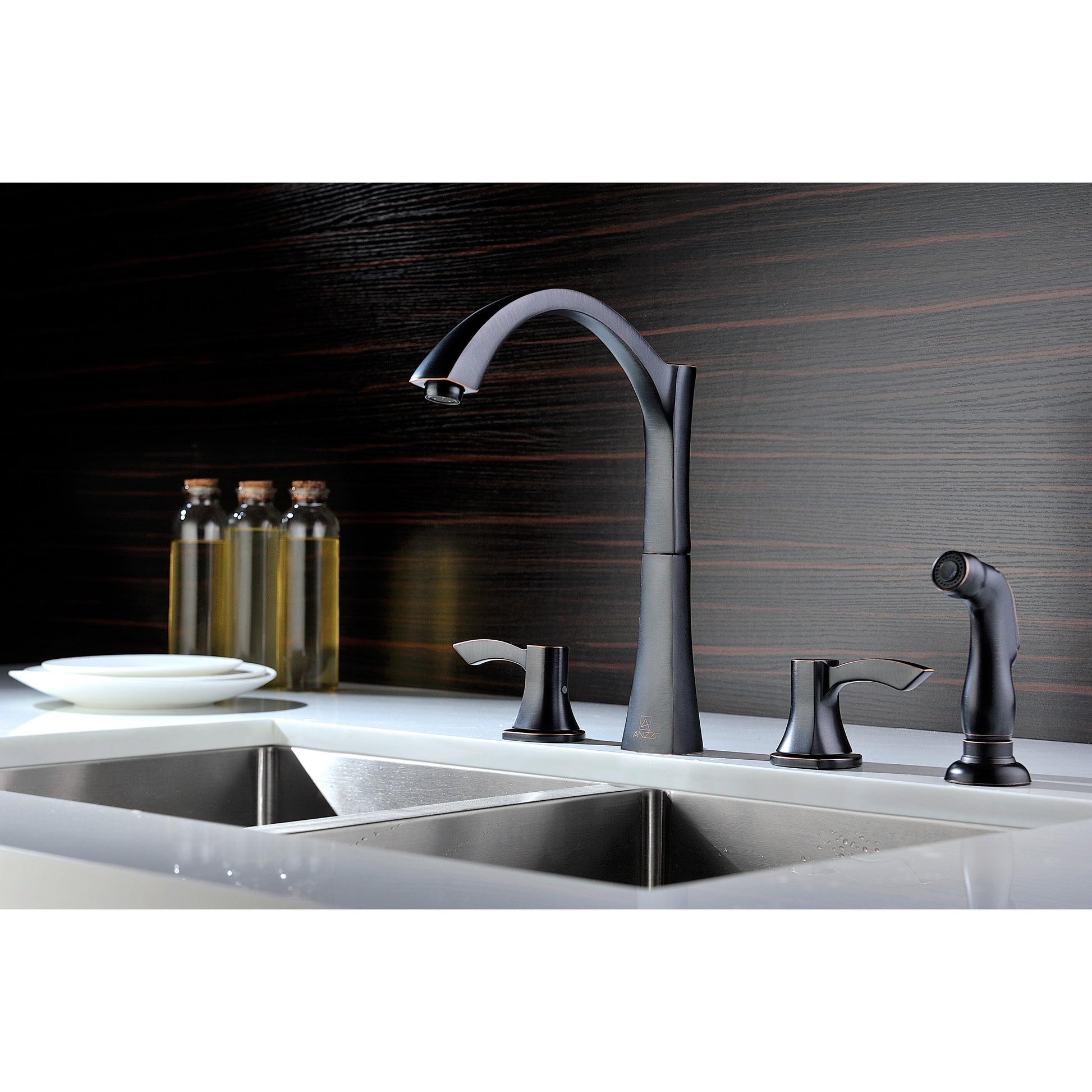 ANZZI Soave Series Double Hole Oil Rubbed Bronze Kitchen Faucet With Euro-Grip Pull Out Sprayer and 360-Degree Turning Spout