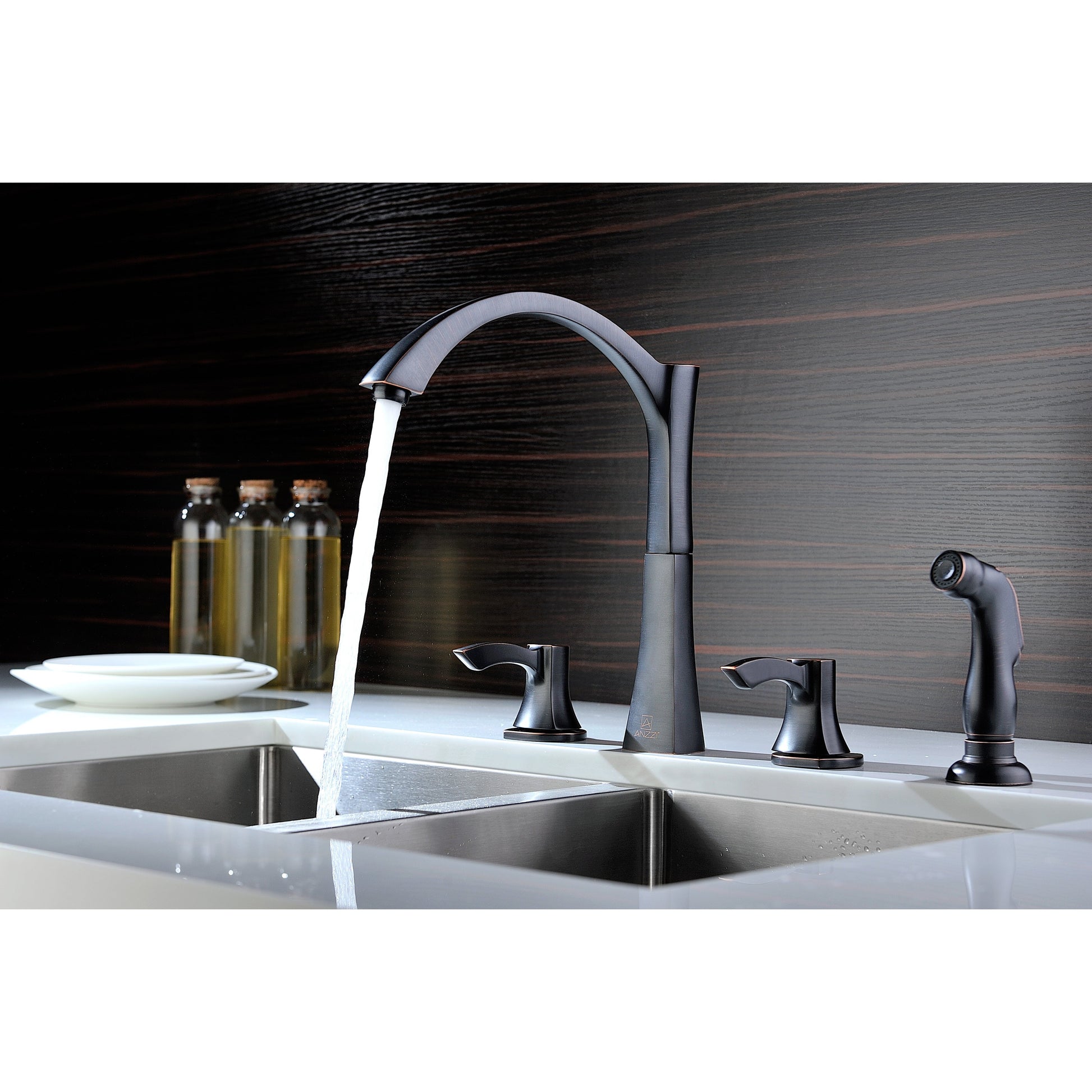 ANZZI Soave Series Double Hole Oil Rubbed Bronze Kitchen Faucet With Euro-Grip Pull Out Sprayer and 360-Degree Turning Spout