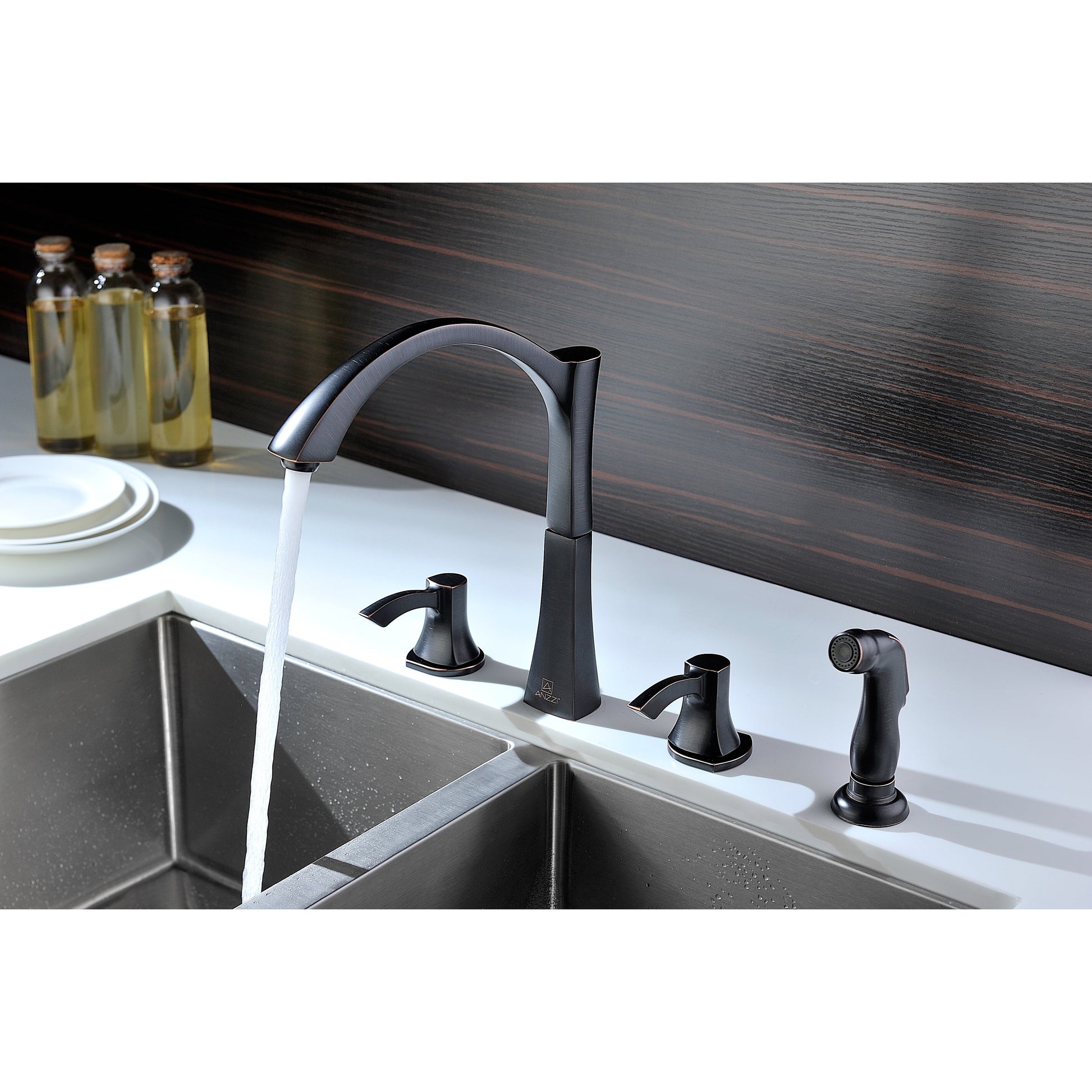 ANZZI Soave Series Double Hole Oil Rubbed Bronze Kitchen Faucet With Euro-Grip Pull Out Sprayer and 360-Degree Turning Spout