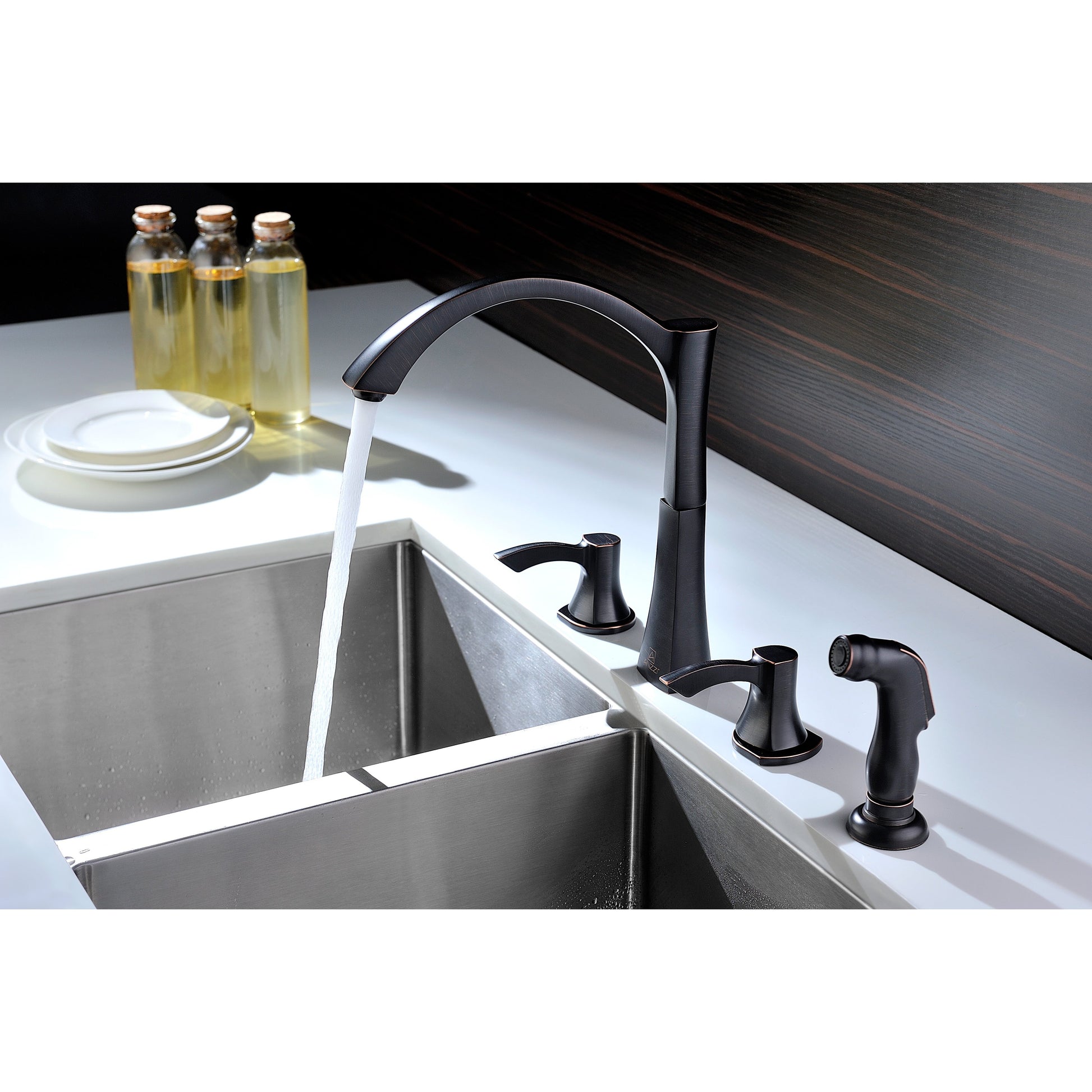 ANZZI Soave Series Double Hole Oil Rubbed Bronze Kitchen Faucet With Euro-Grip Pull Out Sprayer and 360-Degree Turning Spout